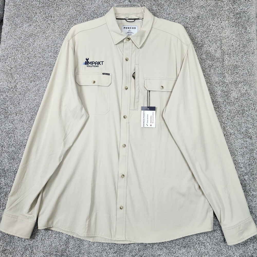 Poncho Shirt Mens XL Beige Long Sleeve Magnetic Pockets Vented Workwear Stretch